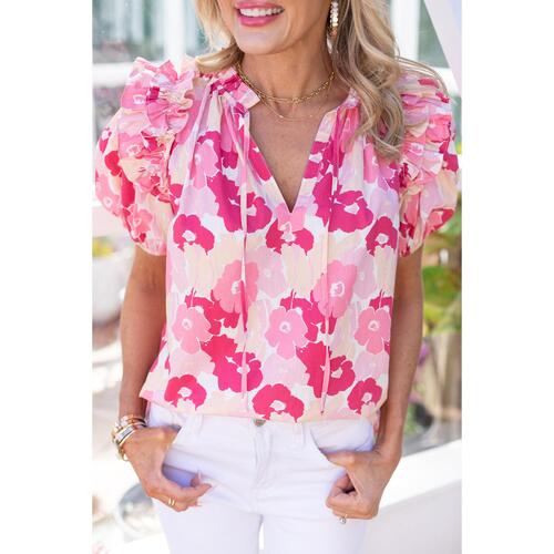 Azura Exchange Ruffled Floral Top with Split Neck and Puff Sleeves - L - Main Image