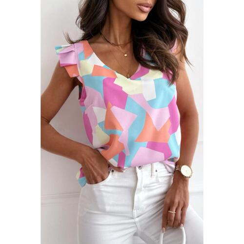 Azura Exchange Geometric Print V-Neck Pleated Cap Sleeve Top - M - Main Image