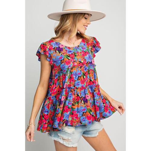 Azura Exchange Floral Print Ruffle Tiered Short Sleeve Babydoll Top - M - Main Image
