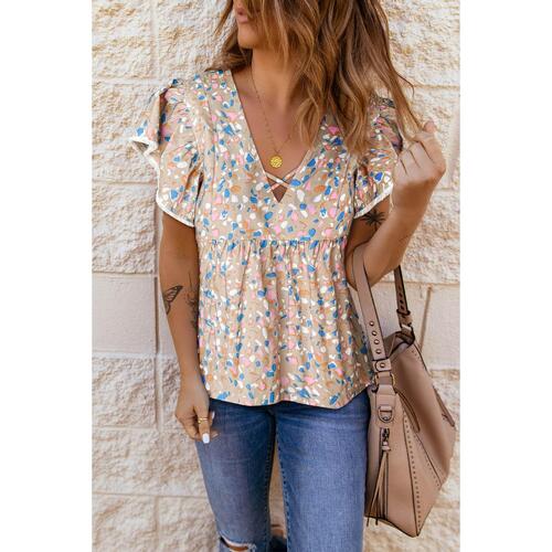 Azura Exchange Crisscross V Neck Ruffle Sleeve Printed Flowy Blouse - S - Main Image