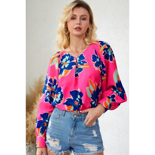 Azura Exchange Puff Sleeve Blouse with Flower Print - S - Main Image