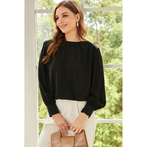 Black Padded Shoulder Buttoned Cuffs Pleated Loose Blouse - L - Main Image
