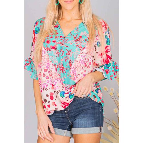 Azura Exchange Leopard Floral Mixed Print Ruffle Sleeve Blouse - S - Main Image