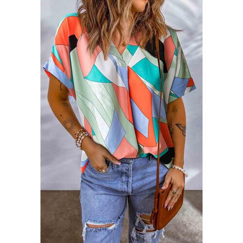 Azura Exchange Irregular Color Block Printed Short Sleeve Blouse - M - Main Image