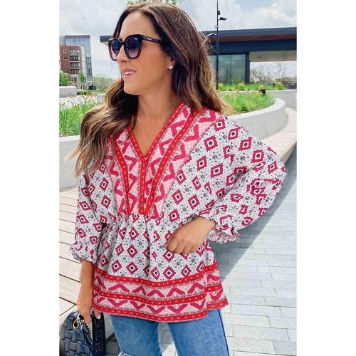 Red Geometric Print 3/4 Sleeve V-Neck Shirred Waist Flared Blouse - M - Main Image