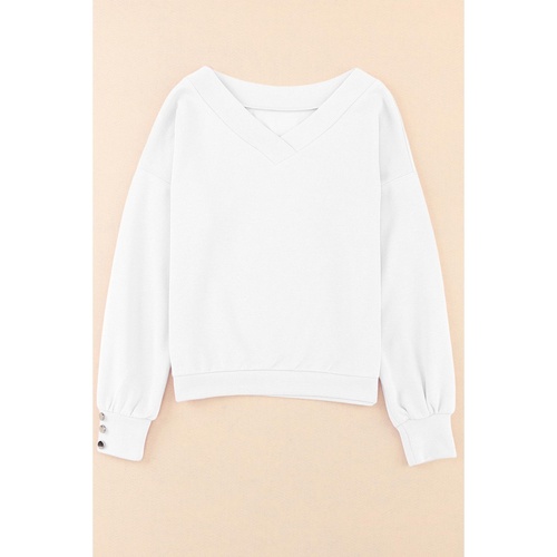 White Knitted V Neck Buttoned Cuffs Sweater - S - Main Image