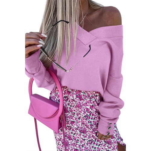Purple Knitted V Neck Buttoned Cuffs Sweater - XL - Main Image
