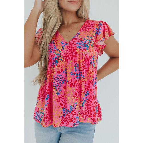 Azura Exchange Leopard Print Flutter Sleeve Blouse - M - Main Image