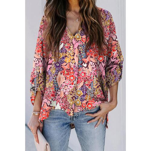 Azura Exchange Boho Floral Long Sleeve V-Neck Blouse - L - Main Image