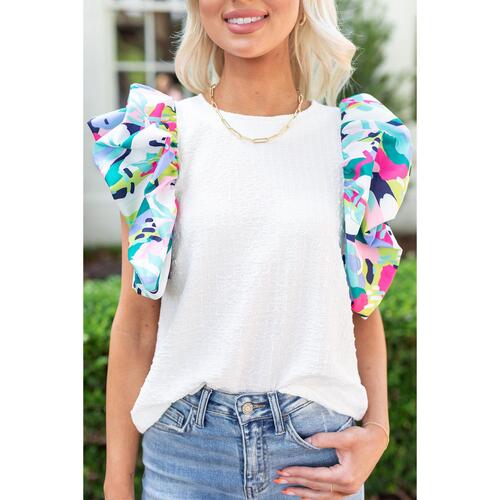 Azura Exchange Printed Puff Sleeve Textured Top - S - Main Image