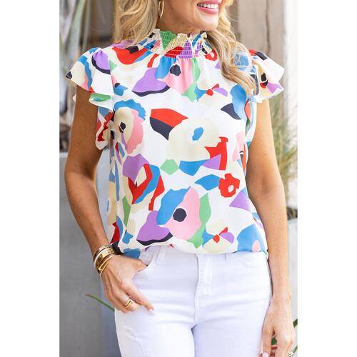 Azura Exchange Abstract Print Ruffle Sleeve Smocked Blouse - L - Main Image