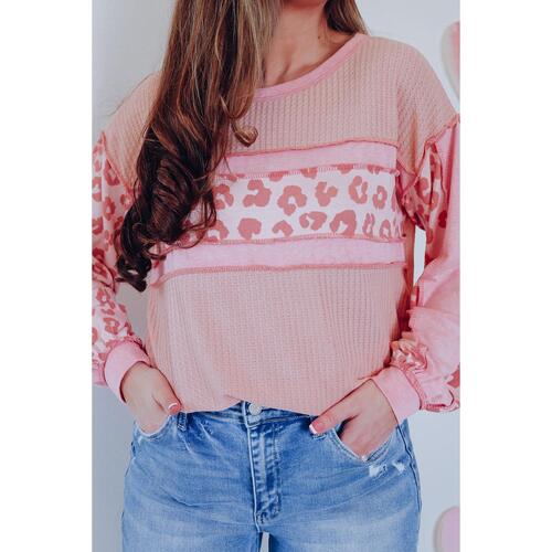 Azura Exchange Leopard Patchwork Waffle Knit Top - M - Main Image