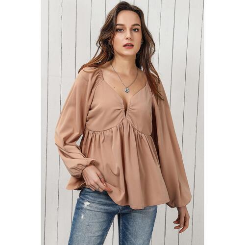 Azura Exchange Notched V-Neck Smocked Back Peplum Blouse - M - Main Image