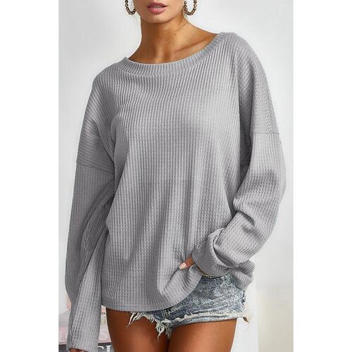 Azura Exchange Gray V Cut Drawstring Back Waffle Knit Top - L - Main Image