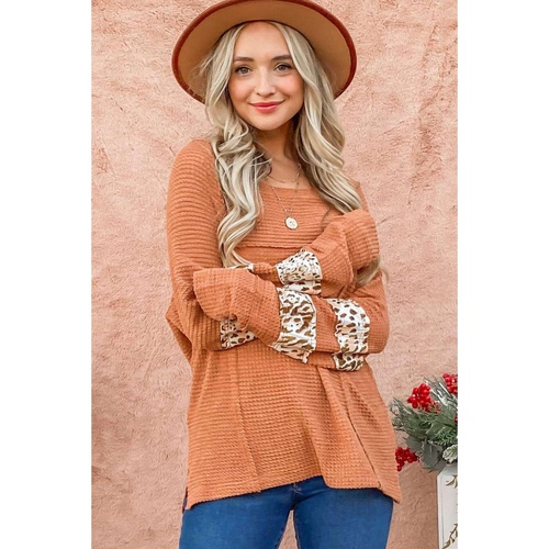 Apricot Leopard Splicing Exposed Seam Waffle Knit Top - M - Main Image