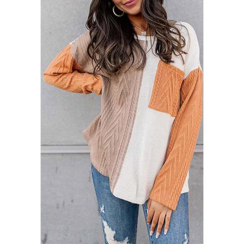 Azura Exchange Textured Knit Top with Colorblock Chest Pocket - L - Main Image