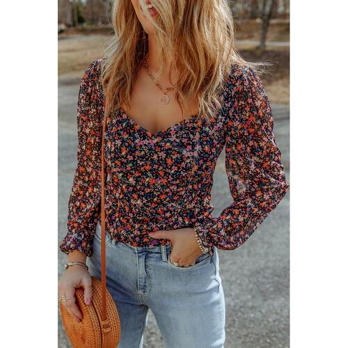 Azura Exchange V Neck Bubble Sleeve Floral Blouse - S - Main Image