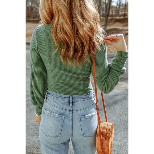 Green U Neck Textured Long Sleeve Top - XL - Main Image