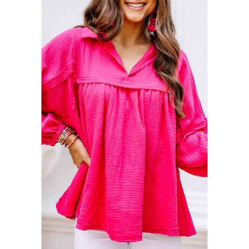 Azura Exchange Crinkled V-Neck Bubble Sleeve Blouse - S - Main Image