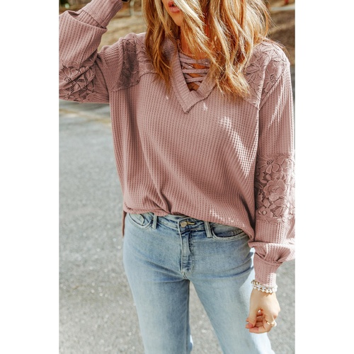 Pink Lace Waffle Patchwork Strappy V Neck Long Sleeve Top - M - Main Image