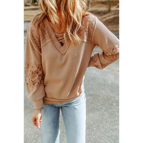 Azura Exchange Lace Waffle Patchwork Strappy V Neck Long Sleeve Top - M - Main Image