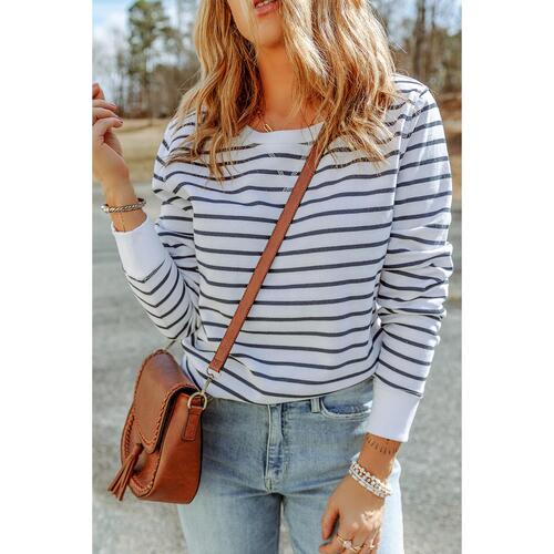 Azura Exchange Striped Print Ribbed Trim Long Sleeve Top - S - Main Image