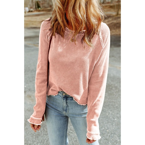 Apricot Pink Textured Round Neck Long Sleeve Top - L - Main Image