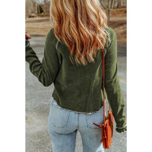 Green Textured Round Neck Long Sleeve Top - 2XL - Main Image