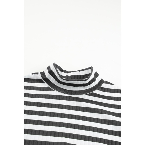 Black Striped Print Textured Knit Long Sleeve Tee - L - Main Image