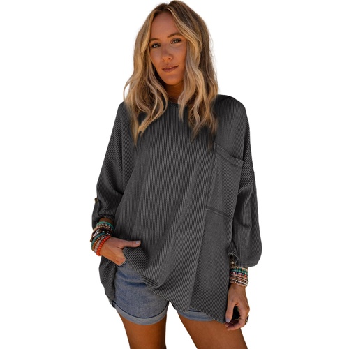Dark Gray Ribbed Roll-tab Sleeve Chest Pocket Oversize Top - M - Main Image