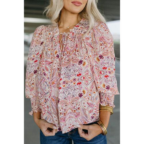 Azura Exchange Boho Print Shirred Cuffs Blouse - M - Main Image