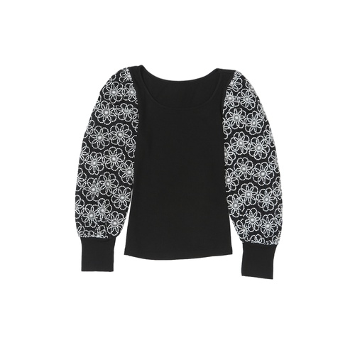 Black Flower Puff Sleeve Ribbed Knit Top - L - Main Image
