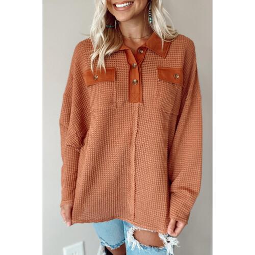 Azura Exchange Button Contrast Trim Waffle Knit Top - L - Main Image