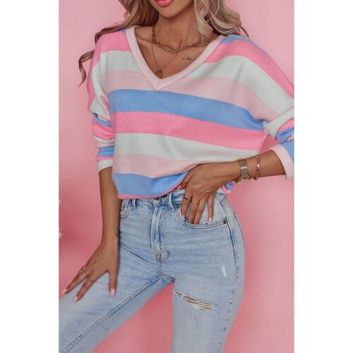 Azura Exchange Striped V Neck Long Sleeve Top - S - Main Image