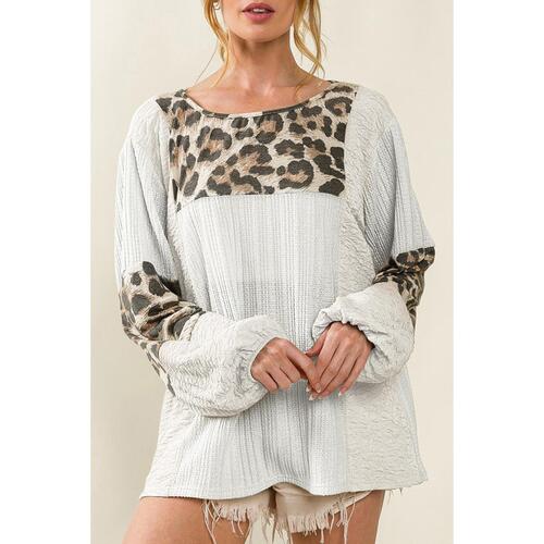 Azura Exchange Leopard Patch Puff Sleeve Textured Blouse - M - Main Image