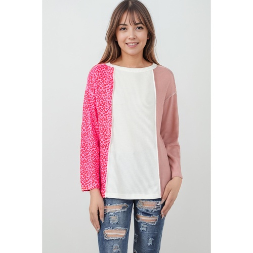 Pink Waffle Knit Exposed Seam Leopard Colorblock Print Top - S - Main Image