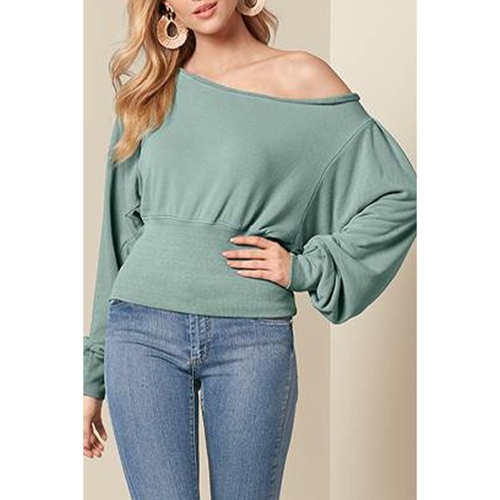 Green Off Shoulder Bishop Sleeve Cinched Waist Blouse - L - Main Image
