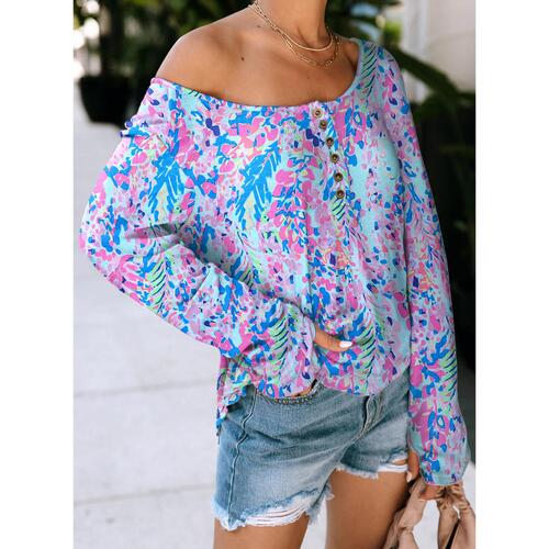 Azura Exchange Printed Wide Neck Thumbhole Sleeve Henley Top - L - Main Image