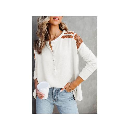 Azura Exchange Contrast Crochet Lace Henley Top - S - Main Image