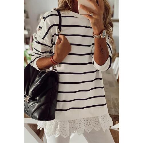 Azura Exchange Striped Button Dropped Shoulder Lace Splicing Top - XL - Main Image