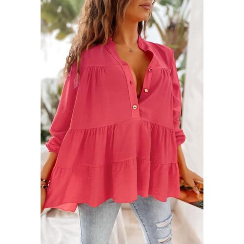 Azura Exchange Half Buttoned Ruffle Tiered Long Sleeve Blouse - M - Main Image