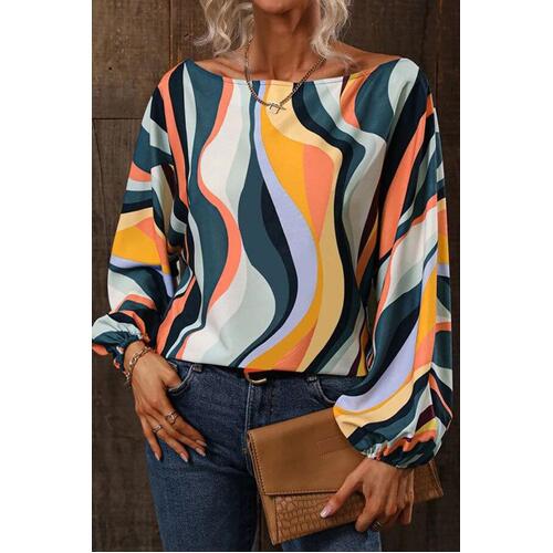 Azura Exchange Wavy Striped Boat Neck Puff Sleeve Blouse - M - Main Image