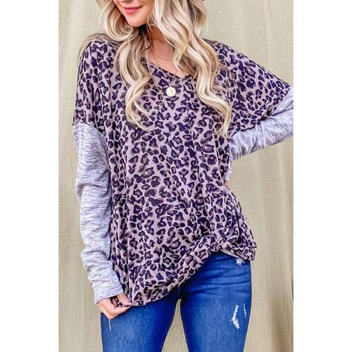 Azura Exchange Leopard Print Drop Shoulder Patchwork Sleeve Top - S - Main Image