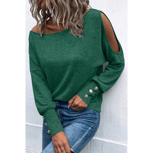 Green Asymmetrical Cut Out Buttoned Long Sleeve Top - L - Main Image
