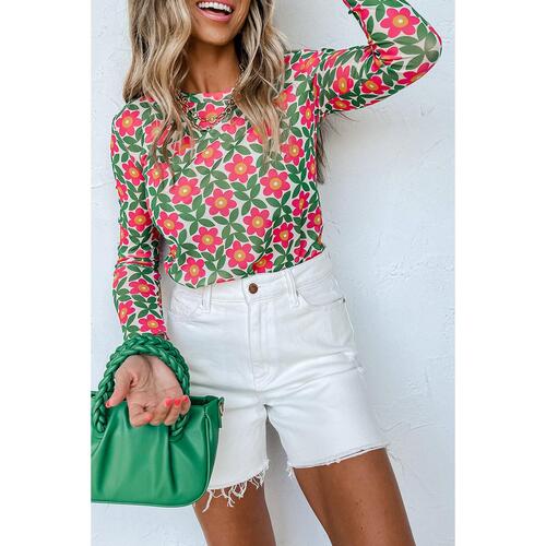 Azura Exchange Retro Floral Print Stretchy Long Sleeve Top - S - Main Image