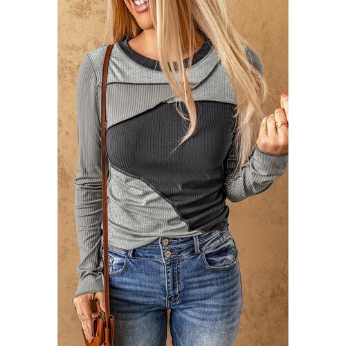 Azura Exchange Exposed Seam Color Block Ribbed Knit Top - S - Main Image