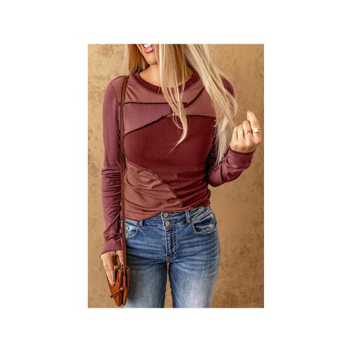 Azura Exchange Color Block Ribbed Knit Top with Exposed Seams - M - Main Image