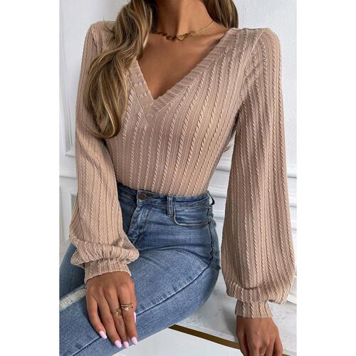 Azura Exchange Knitted Jacquard V Neck Lantern Sleeve Top - S - Main Image