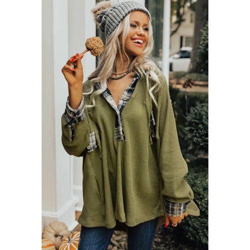 Green Flowy Plaid Accent Waffle Knit Henley Hoodie - L - Main Image