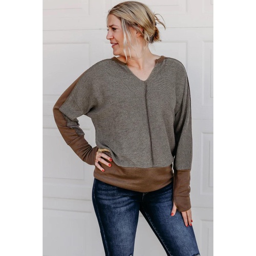 Brown Contrast Patchwork Thumbhole Sleeve Top - S - Main Image